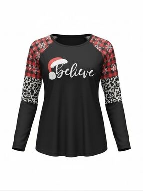 Believe Christmas Raglan Top Buffalo Plaid Snowflake Leopard Sleeves Size M